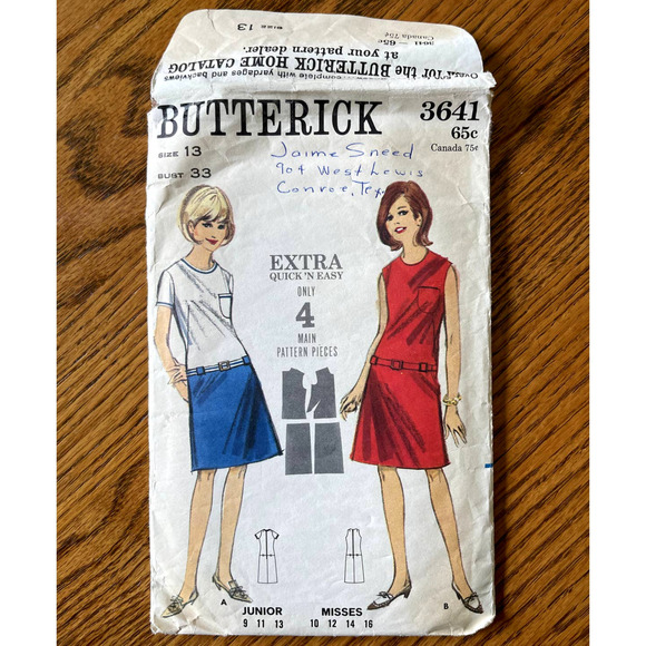 Vintage 1960s Butterick 3641 Sewing Pattern Size XS 13 Drop Waist Dress COMPLETE - Picture 1 of 2